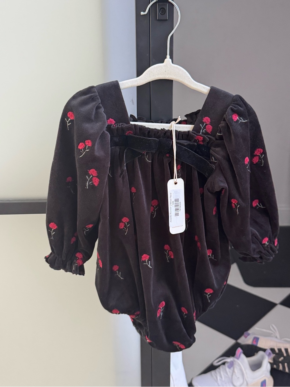 Noralee Velvet Baby Romper with Red Rose Embroidery